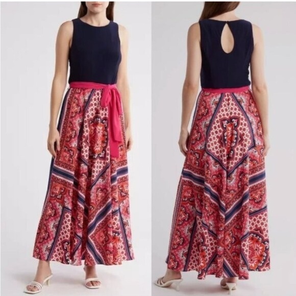 ELIZA J Paisley Scarf Print Belted Maxi Dress Size 6 Navy Pink Jersey Summer Fun - Picture 1 of 9